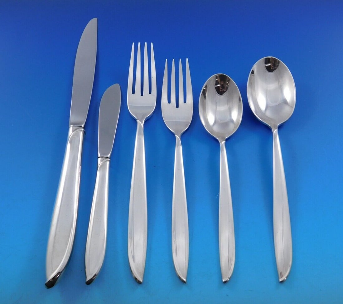 International Sterling Silver Rhythm Flatware Set 78 pcs Mid-Century Modern: International Sterling Silver Rhythm Flatware Set 78 pcs Mid-Century Modern Introducing the exquisite Silver Rhythm Flatware Set by International Sterling, designed to elevate your dining experience.