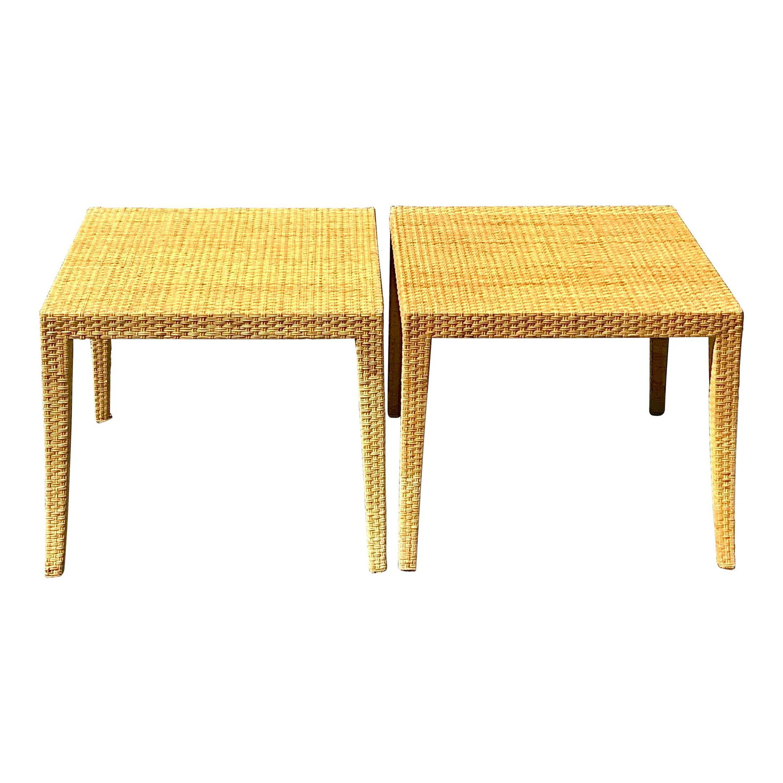 Vintage Milling Road Woven Rattan Side Tables Pair: Vintage Milling Road Woven Rattan Side Tables Pair Enhance your coastal decor with this pair of vintage woven rattan side tables from Milling Road. Featuring a beautifully braided texture and a sturdy