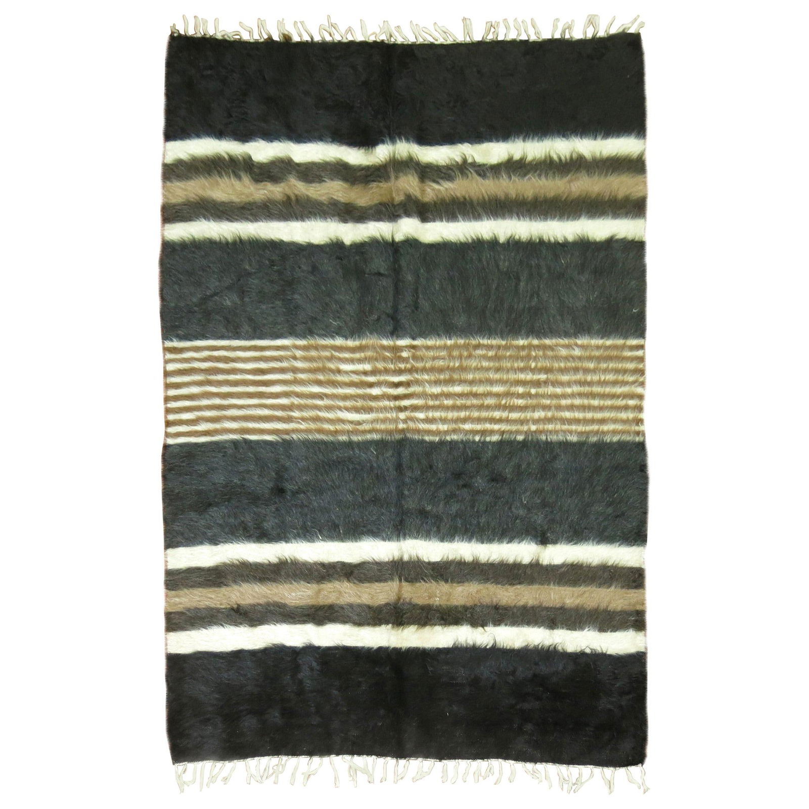 Vintage Hand-Knotted Angora Mohair Rug 50 x 72 in Organic Modern Style: Vintage Hand-Knotted Angora Mohair Rug 50 x 72 in Organic Modern Style This vintage Turkish mohair rug features a captivating blend of black, brown, gray, and ivory, embodying an Organic Modern style.
