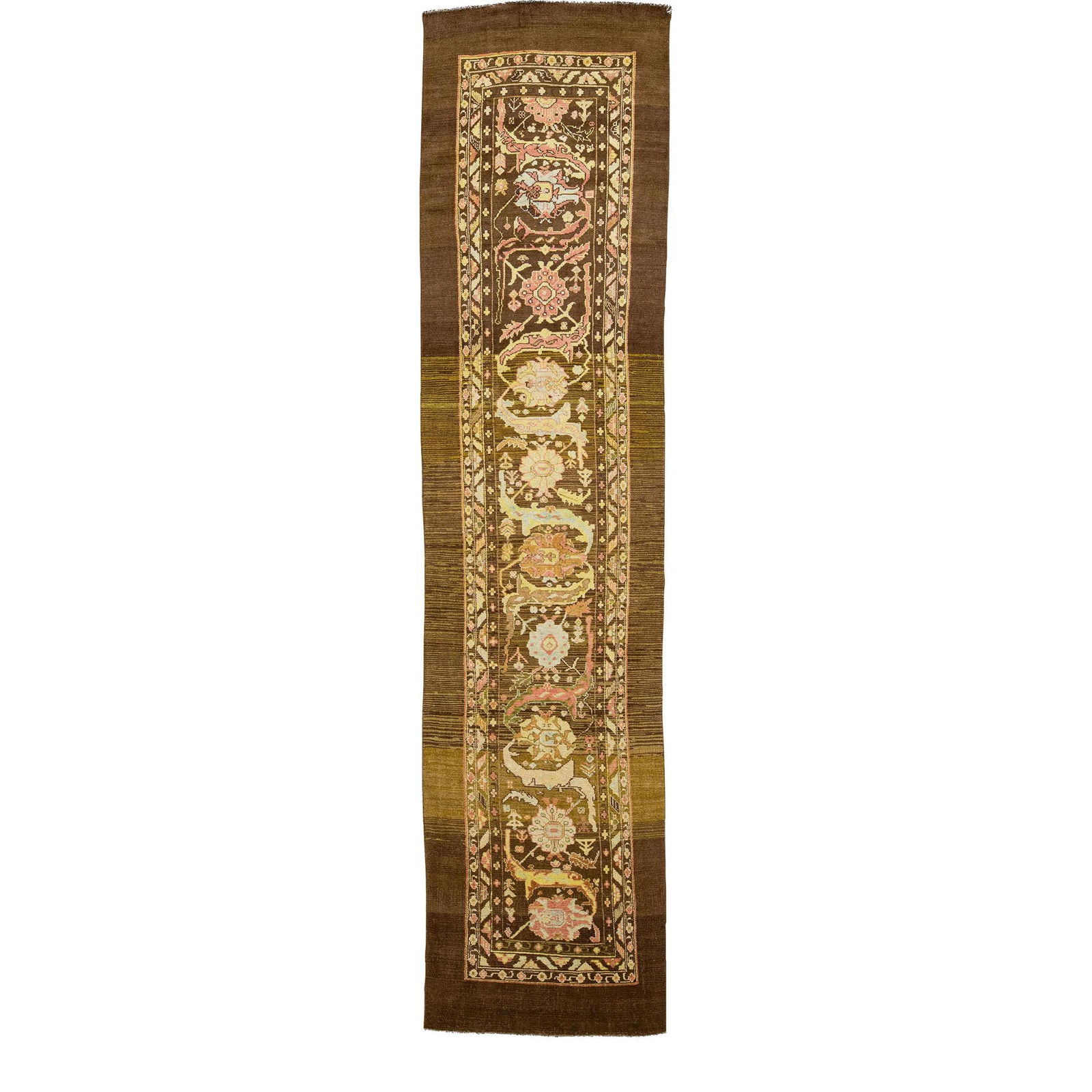 Handmade Multicolor Floral Wool Runner Mid-Century Modern 4'1 x 17'7: Handmade Multicolor Floral Wool Runner Mid-Century Modern 4'1 x 17'7 This stunning Mid-Century Modern style handmade wool runner showcases a beautiful floral motif, inspired by 19th-century regional a