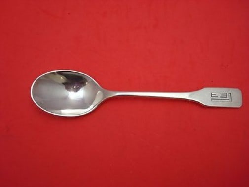 Dirk Van Erp Pattern 19 Sterling Silver Soup Spoon 7" Monogrammed: Dirk Van Erp Pattern 19 Sterling Silver Soup Spoon 7" Monogrammed Introducing the exquisite Pattern 19 Soup Spoon crafted by renowned artisan Dirk Van Erp. This 7" sterling silver place soup spoon sho