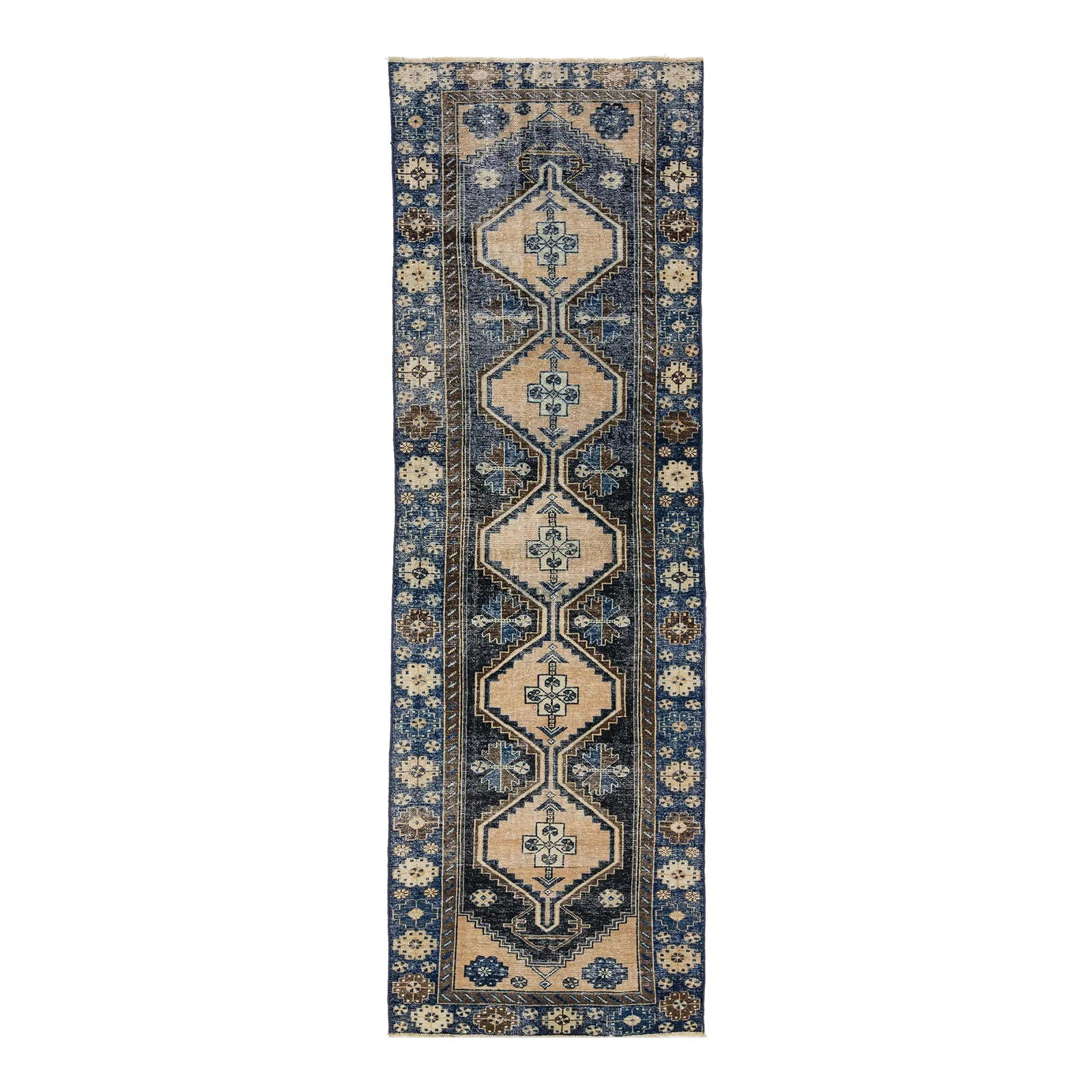 Vintage Handmade Persian Wool Rug Blue Tribal Design 3'11 x 9'8: Vintage Handmade Persian Wool Rug Blue Tribal Design 3'11 x 9'8 Enhance your space with this stunning Vintage Persian Handmade Wool Rug, showcasing a captivating blue field adorned with intricate beig