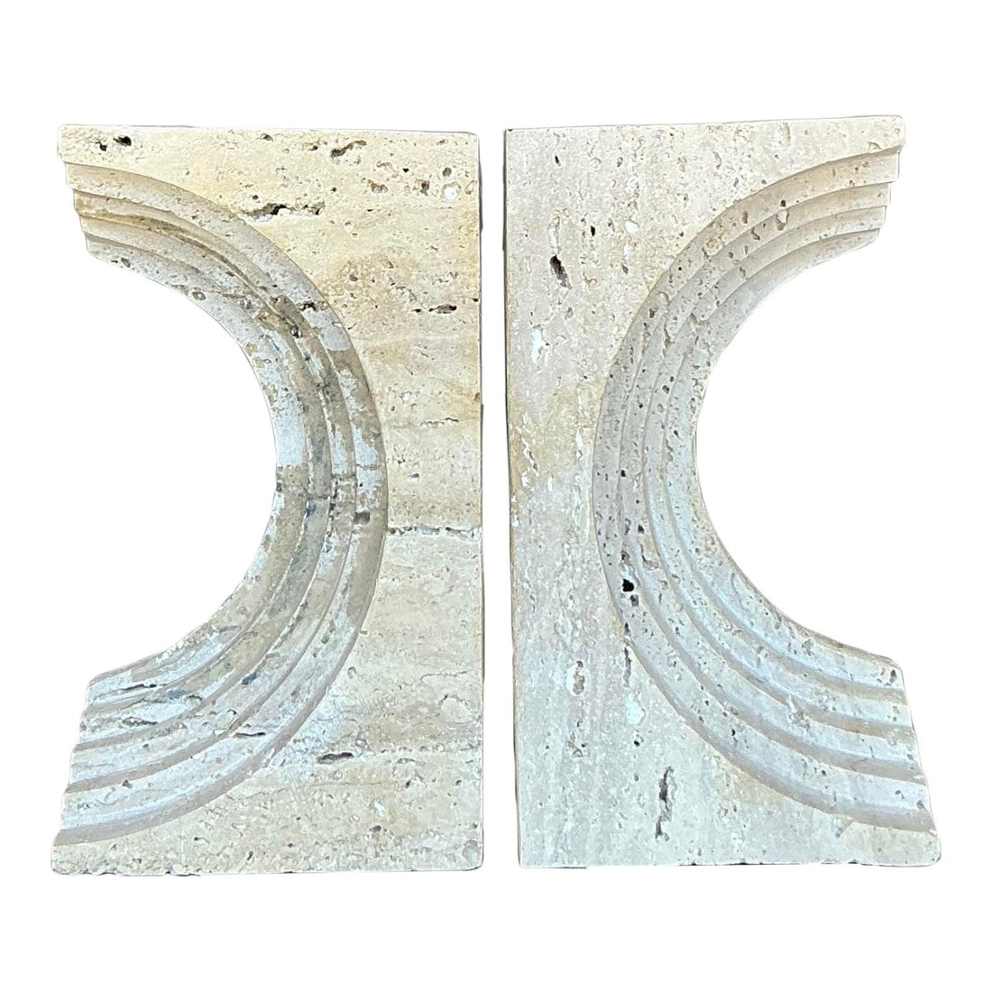 Vintage Boho Travertine Bookends Set of 2 Sculptural Elegance: Vintage Boho Travertine Bookends Set of 2 Sculptural Elegance Enhance your decor with this captivating set of two Vintage Boho Sculptural Travertine Bookends. Crafted from natural travertine, each boo
