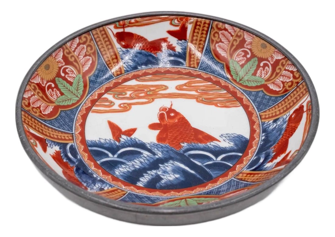Vintage Imariware Koi Plate Pewter Porcelain 7.5 Inch Japan: Vintage Imariware Koi Plate Pewter Porcelain 7.5 Inch Japan This exquisite Imariware style plate features a stunning koi design, showcasing the vibrant colors and intricate patterns characteristic of