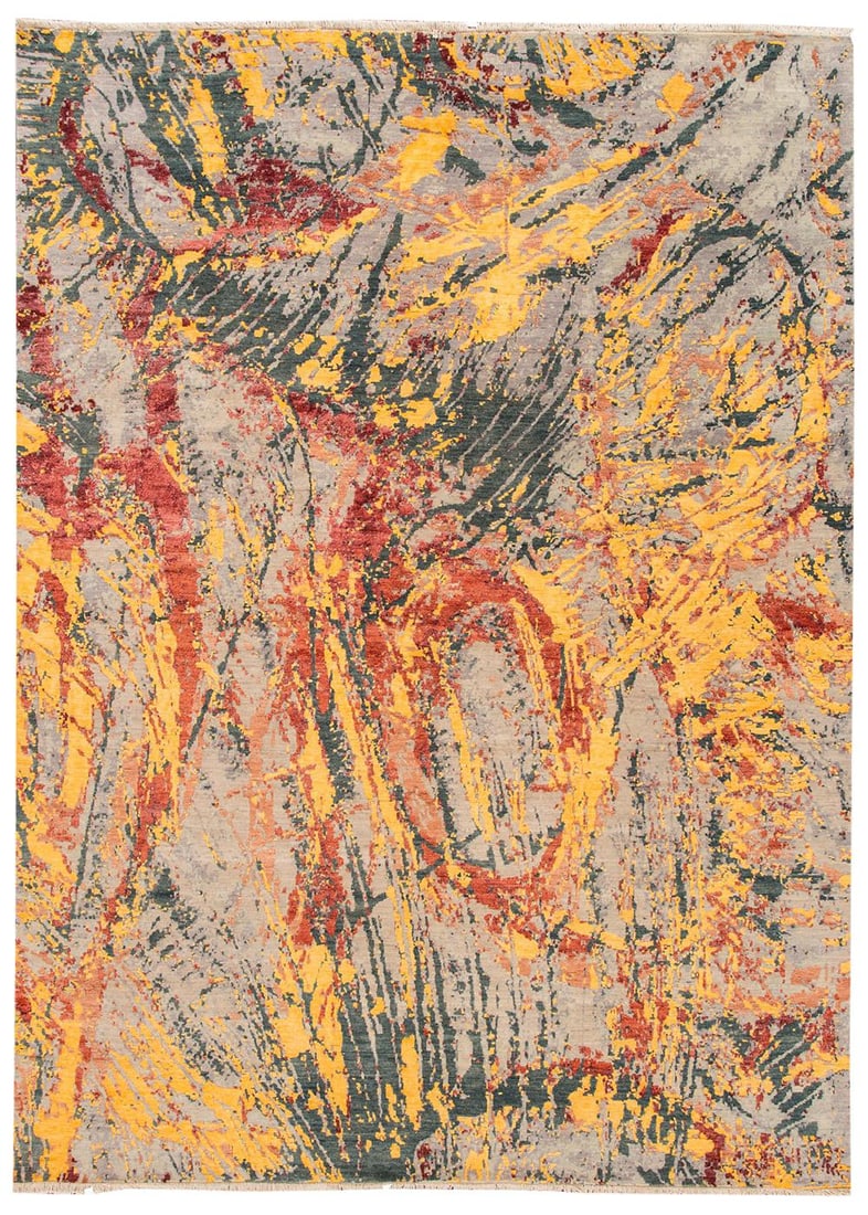 Hand-Knotted Yellow Abstract Tibetan Rug 9'0 x 12'0: Hand-Knotted Yellow Abstract Tibetan Rug 9'0 x 12'0 Enhance your space with this stunning hand-knotted contemporary Tibetan rug, featuring an abstract design that adds a modern touch to any room. Meas