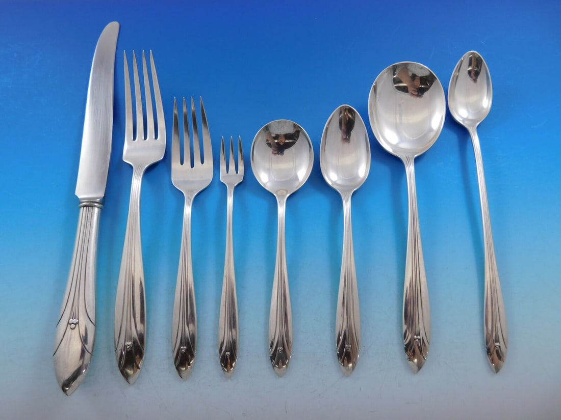 99 Piece Elsinore Sterling Silver Flatware Set for 12 by International Silver: 99 Piece Elsinore Sterling Silver Flatware Set for 12 by International Silver Introducing the Elsinore Flatware Set by International Sterling, a stunning collection that embodies Art Deco elegance. Cr