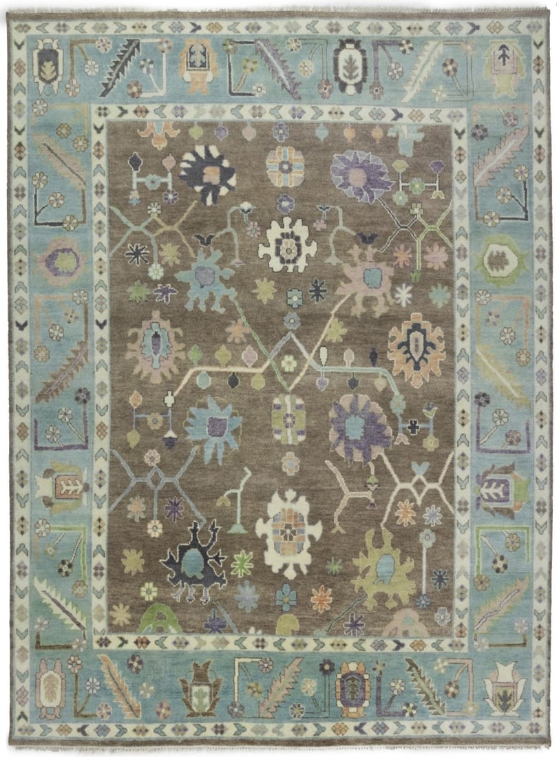 Muted Floral Hand-Knotted Oushak Chobi Wool Rug 8'11 x 11'10 Eco-Friendly: Muted Floral Hand-Knotted Oushak Chobi Wool Rug 8'11 x 11'10 Eco-Friendly Enhance your living space with this stunning Muted Floral Oushak Chobi Rug, a perfect blend of elegance and comfort. This hand