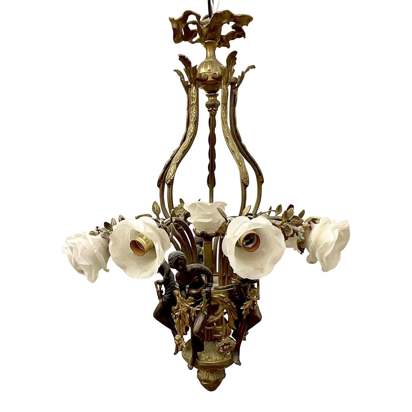 Vintage Regency Art Nouveau Bronze Chandelier with Female Figures: Vintage Regency Art Nouveau Bronze Chandelier with Female Figures This exquisite vintage Regency chandelier showcases the elegance of the Art Nouveau period, featuring a stunning design with a ring of
