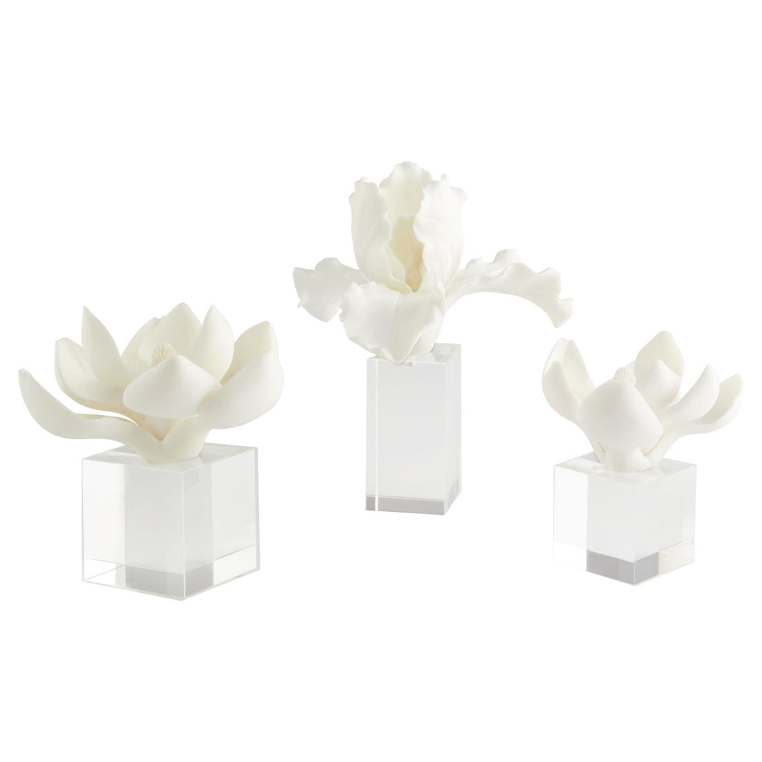 Cyan Iris Collection Crystal Resin Cube Vase 10.75H: Cyan Iris Collection Crystal Resin Cube Vase 10.75H This elegant cube vase is a stunning addition to any decor, crafted from crystal resin with a clear white finish. Designed to hold orchids, it adds