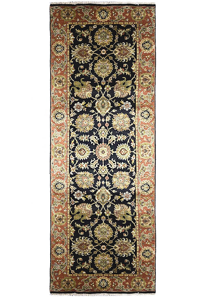 Handcrafted 4' x 11' 10" Black Wool Agra Area Rug: Handcrafted 4' x 11' 10" Black Wool Agra Area Rug Free continental US Shipping Enhance your home with the timeless elegance of this luxurious hand-knotted Agra rug. Measuring 4' x 11' 10" (48 in x 142
