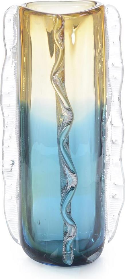 John-Richard Handcrafted Art Glass Rippled Vase Blue Clear Yellow 12.25H: John-Richard Handcrafted Art Glass Rippled Vase Blue Clear Yellow 12.25H This stunning handcrafted art glass vase showcases a captivating rippled design, perfect for adding a touch of elegance to any