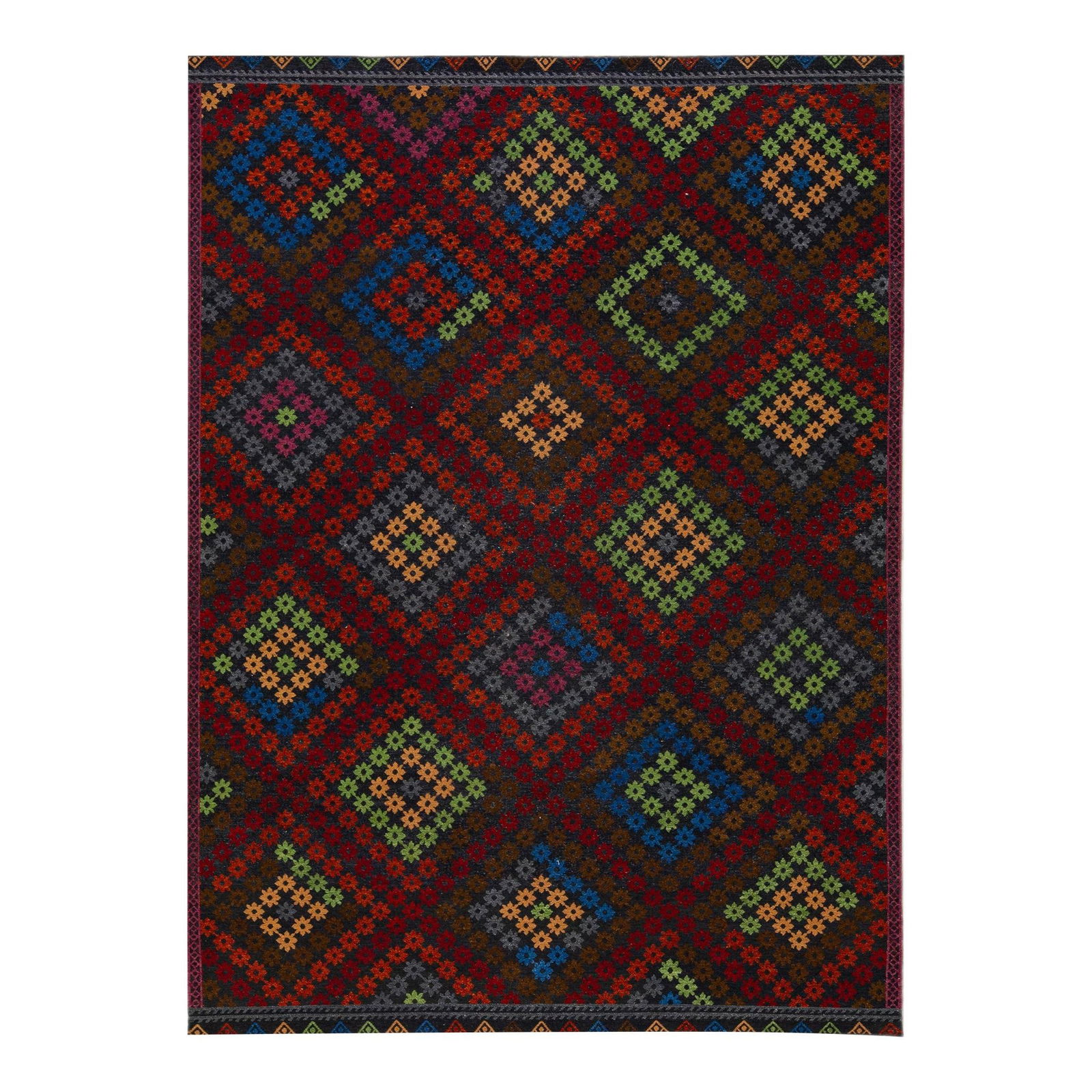 Handmade Multicolor Geometric Wool Soumak Rug 10' x 14': Handmade Multicolor Geometric Wool Soumak Rug 10' x 14' Enhance your living space with this stunning multicolor modern Soumak hand-knotted wool rug. Featuring a rich dark gray field, this rug showcase