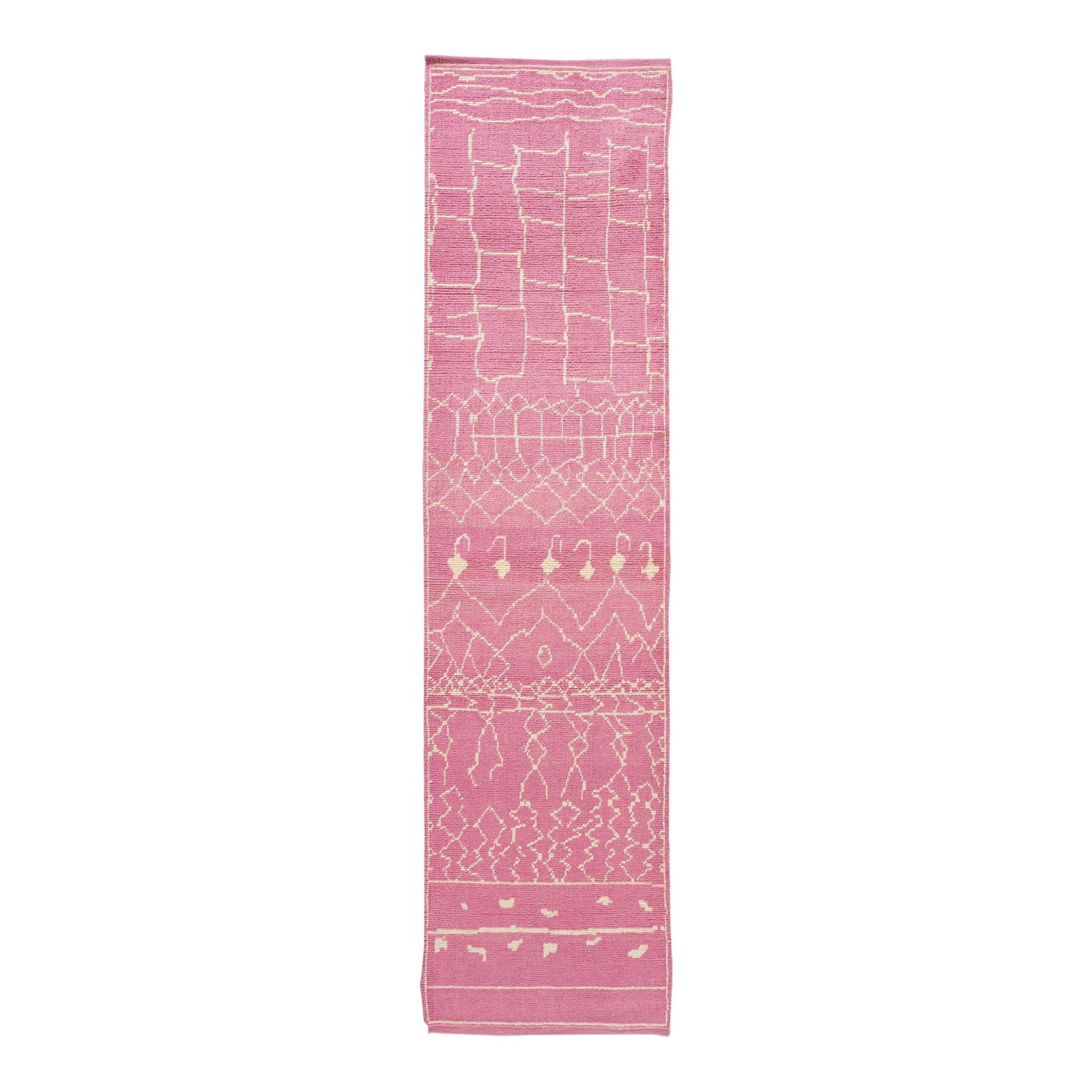 Modern Moroccan Hand-Knotted Pink Wool Runner 3'1 x 12'6 Tribal Design: Modern Moroccan Hand-Knotted Pink Wool Runner 3'1 x 12'6 Tribal Design Enhance your space with this stunning Modern Moroccan Style Handmade Pink Tribal Wool Runner. Crafted from high-quality hand-knot