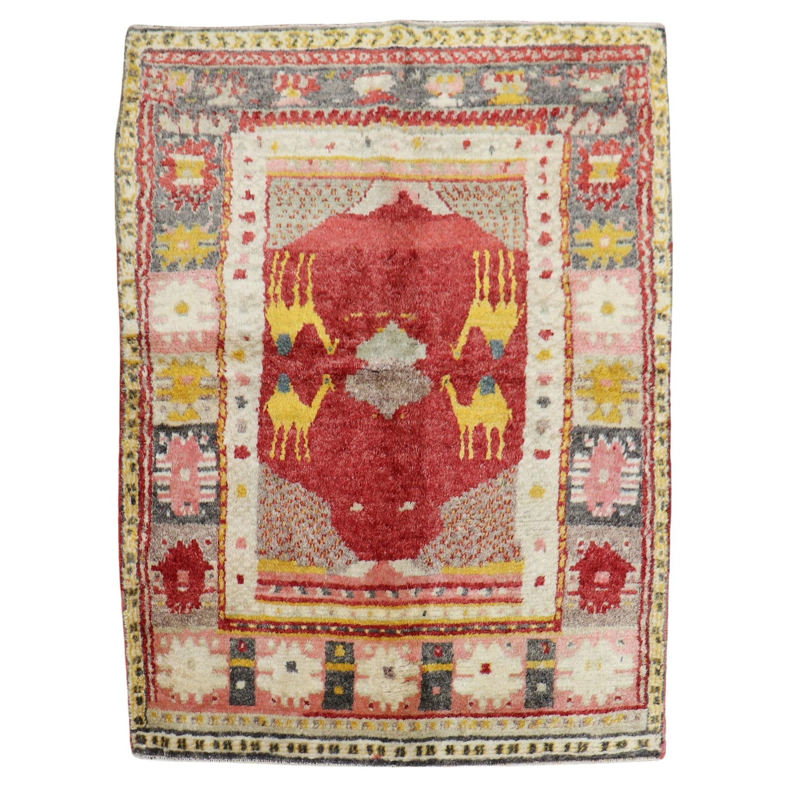 Zabihi Collection Oushak Turkish Rug with Gold Camels 3'9 x 4'7: Zabihi Collection Oushak Turkish Rug with Gold Camels 3'9 x 4'7 Discover the beauty of this Zabihi Collection Turkish Anatolian Animal Small Square Rug, a stunning hand-knotted piece that showcases th