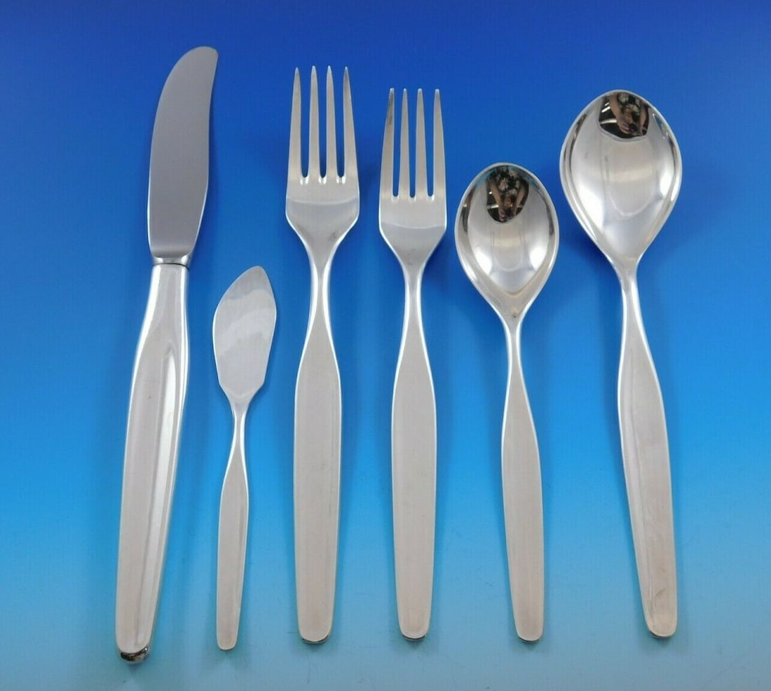 Fjord 830 Silver Flatware Set by Th. Olsens 49 Pieces Mid-Century Modern: Fjord 830 Silver Flatware Set by Th. Olsens 49 Pieces Mid-Century Modern Enhance your dining experience with this rare Fjord by Th. Olsens 830 Silver Flatware Set, featuring 49 meticulously crafted pi