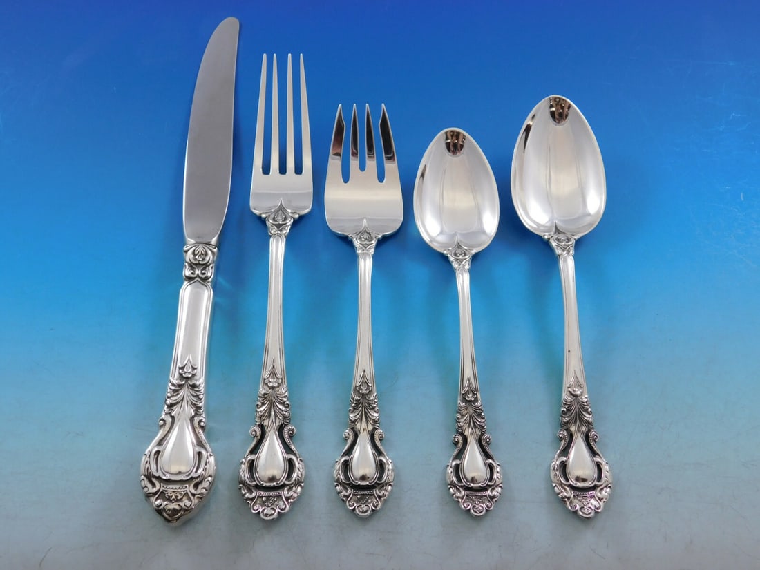 Stieff Royal Dynasty Sterling Silver Flatware Set for 8 45 pcs: Stieff Royal Dynasty Sterling Silver Flatware Set for 8 45 pcs Enhance your dining experience with the exquisite Royal Dynasty Sterling Silver Flatware Set by Stieff, designed for 8 people and compris