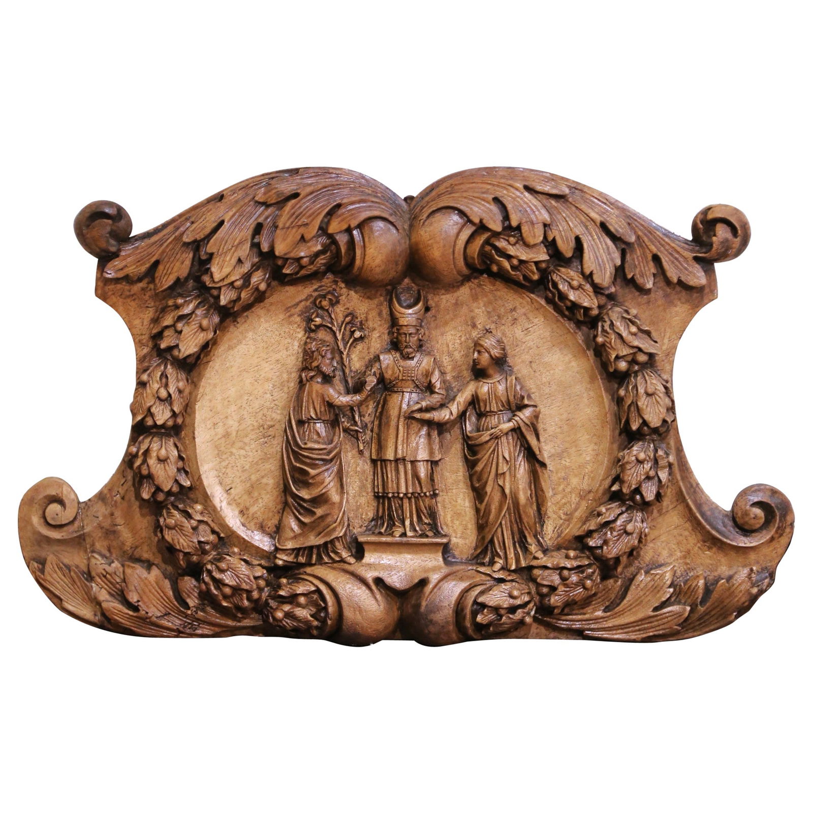 18th Century French Walnut Baroque Relief of Virgin Mary and Joseph: 18th Century French Walnut Baroque Relief of Virgin Mary and Joseph This late 18th-century French walnut relief, crafted circa 1780, depicts "The Betrothal of the Virgin Mary and Saint Joseph". The in