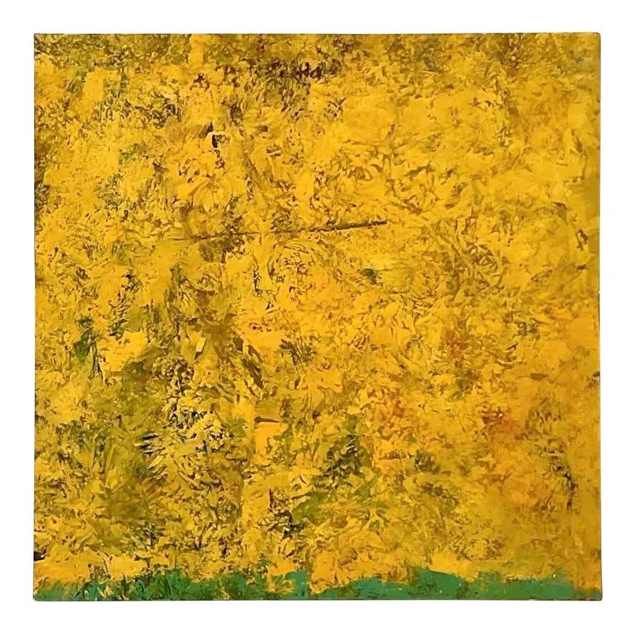 Abstract Yellow Oil Painting on Canvas with Bohemian Vintage Aesthetic: Abstract Yellow Oil Painting on Canvas with Bohemian Vintage Aesthetic This vintage boho abstract oil painting features vibrant yellow tones and bold, textured brushstrokes on canvas. The dynamic comp