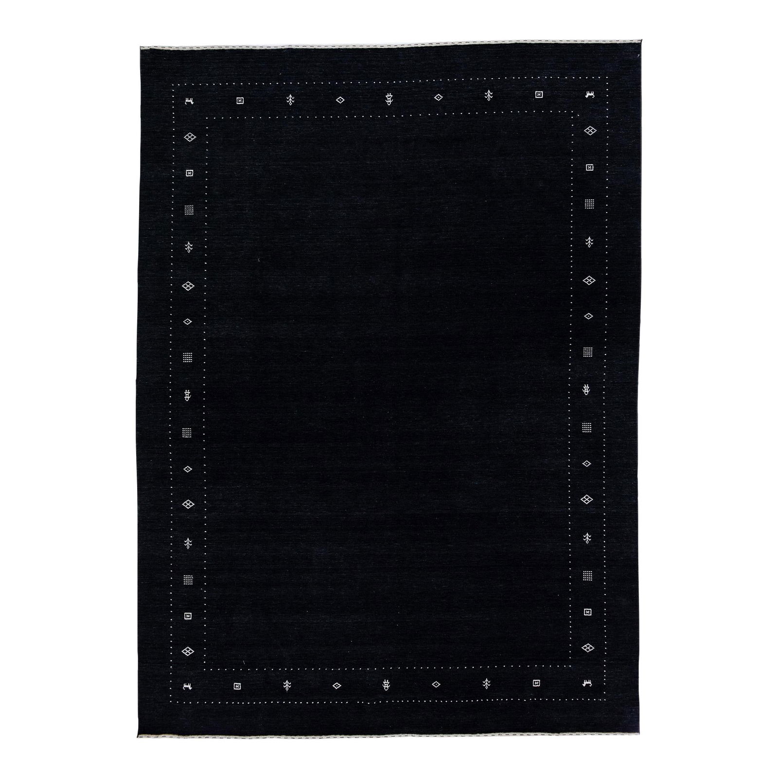 Handmade Modern Gabbeh Wool Rug Black Field 10'1 x 13'10: Handmade Modern Gabbeh Wool Rug Black Field 10'1 x 13'10 Enhance your living space with this exquisite handmade Gabbeh-style wool rug. Featuring a striking black color field complemented by a minimali