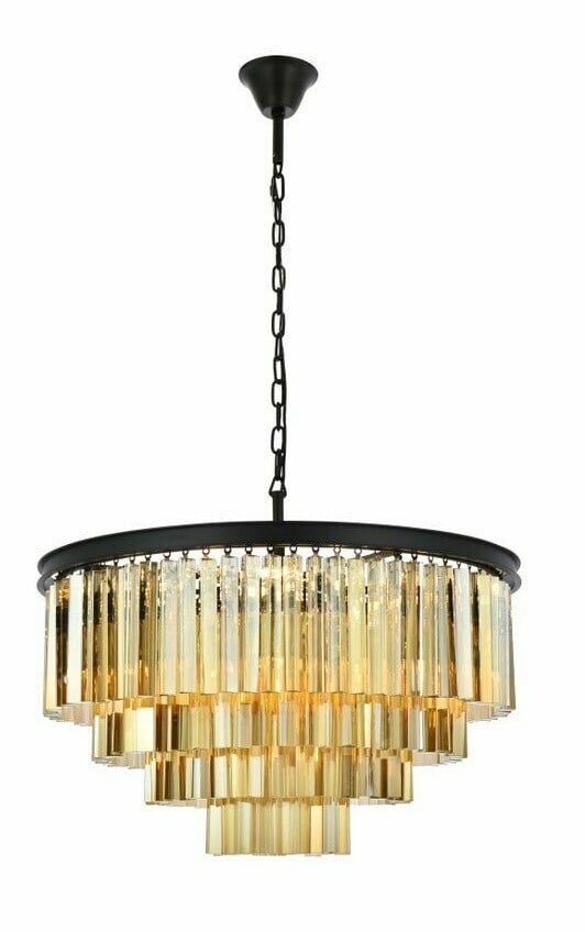 Sydney 17-Light Matte Black Chandelier with Golden Teak Crystal Accents: Sydney 17-Light Matte Black Chandelier with Golden Teak Crystal Accents This modern chandelier features 17 lights and is crafted with royal cut golden teak crystals paired with a matte black iron and