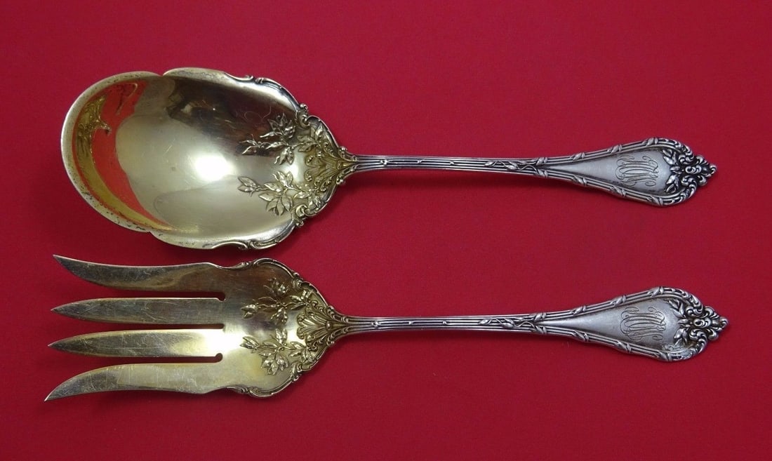 Durgin Madame Royale Sterling Silver Salad Serving Set 2pc Gold Wash 9": Durgin Madame Royale Sterling Silver Salad Serving Set 2pc Gold Wash 9" Elevate your dining experience with this exquisite 2-piece salad serving set from the Madame Royale collection by Durgin. Crafte