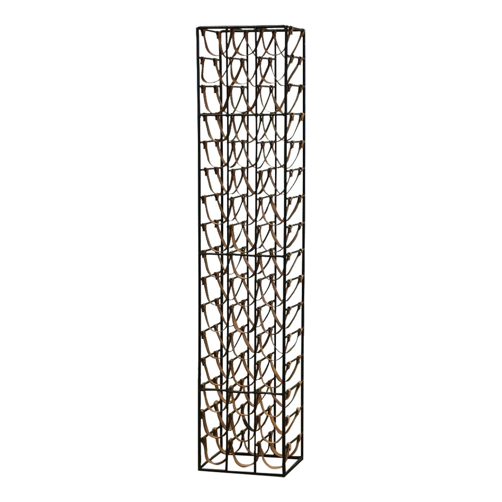 Vintage 1970s Arthur Umanoff 48 Bottle Iron Wine Rack: Vintage 1970s Arthur Umanoff 48 Bottle Iron Wine Rack This stunning mid-century modern wine rack, designed by Arthur Umanoff, features a robust iron frame complemented by elegant leather straps that s