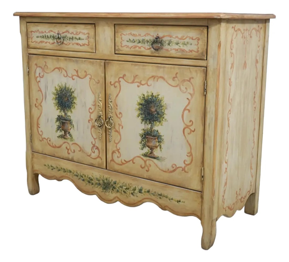 Habersham Country French Hand Painted Server Cabinet White 44": Habersham Country French Hand Painted Server Cabinet White 44" Discover the charm of this Country French style server cabinet, featuring a factory distressed hand-painted finish. This piece, approxima