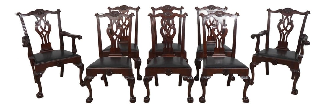 Eight Mahogany Dining Chairs with Claw Feet in Colonial Williamsburg Chippendale Style Set of 8: Eight Mahogany Dining Chairs with Claw Feet in Colonial Williamsburg Chippendale Style Set of 8 This set of eight dining room chairs features a Chippendale style inspired by 18th-century design, craft