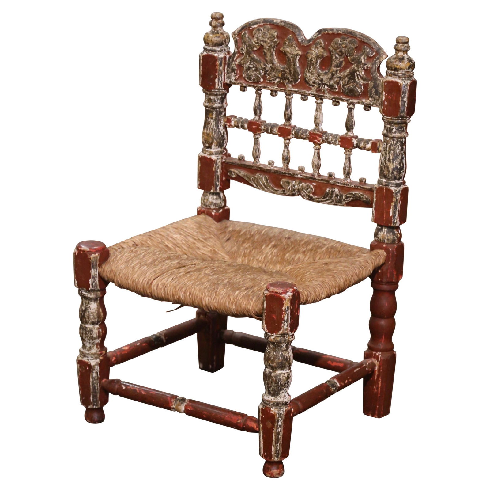 19th Century Spanish Catalan Low Chair Oak Rush Seat Antique: 19th Century Spanish Catalan Low Chair Oak Rush Seat Antique Add rustic warmth to your home with this charming 19th Century Spanish low chair, crafted in Spain circa 1860. Built from oak wood, this pi