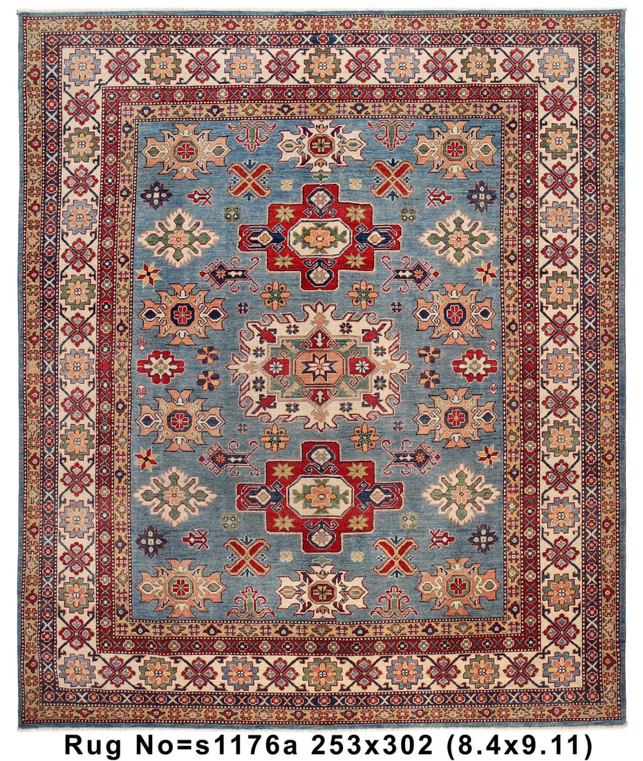 Light Blue Handmade Kazak Rug 8.4 x 10.0 ft Premium Quality: Light Blue Handmade Kazak Rug 8.4 x 10.0 ft Premium Quality Free continental US Shipping Discover the beauty of this Light Blue Handmade Kazak Rug, measuring 8.4 x 10.0 feet. This premium rug showcase