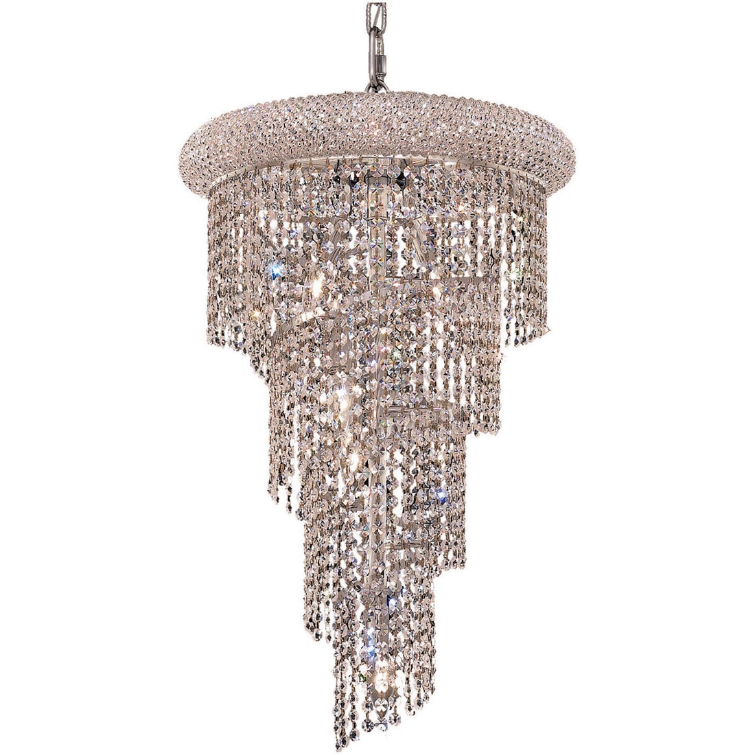 SPIRAL 8-Light Chrome Crystal Pendant 26in Modern Fixture: SPIRAL 8-Light Chrome Crystal Pendant 26in Modern Fixture Illuminate your space with this stunning Spiral Crystal Chandelier, an exquisite lighting fixture designed for modern interiors. This elegant