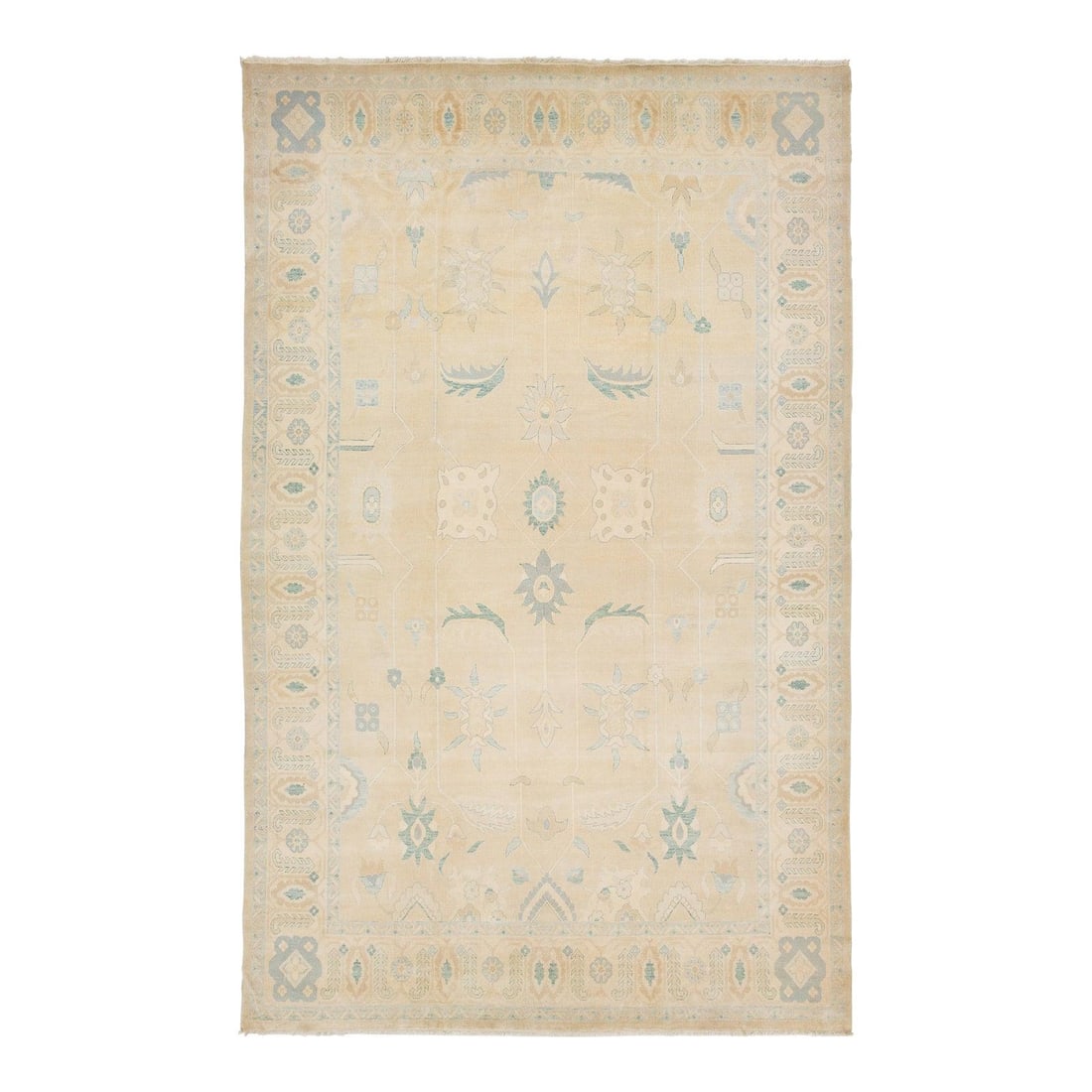 Modern Oushak Hand-Knotted Wool Rug 10 x 15'10 Beige Floral Design: Modern Oushak Hand-Knotted Wool Rug 10 x 15'10 Beige Floral Design This exquisite modern Oushak wool rug, handwoven in Egypt, showcases a beautiful palette of pale blue, beige, and sage green. Inspire