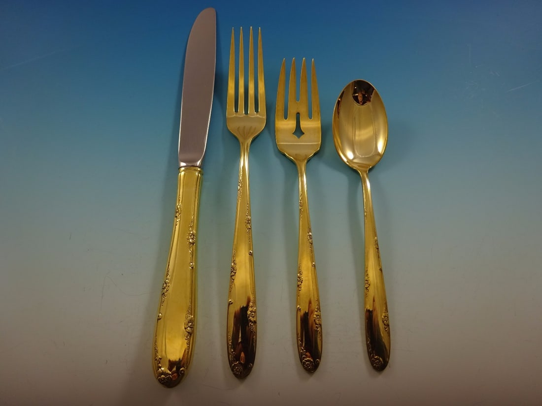 Towle Madeira Gold Vermeil Sterling Silver Flatware Set for 8 - 32 Pieces: Towle Madeira Gold Vermeil Sterling Silver Flatware Set for 8 - 32 Pieces Elevate your dining experience with this exquisite Madeira Gold by Towle Sterling Silver Flatware Set, designed for service fo