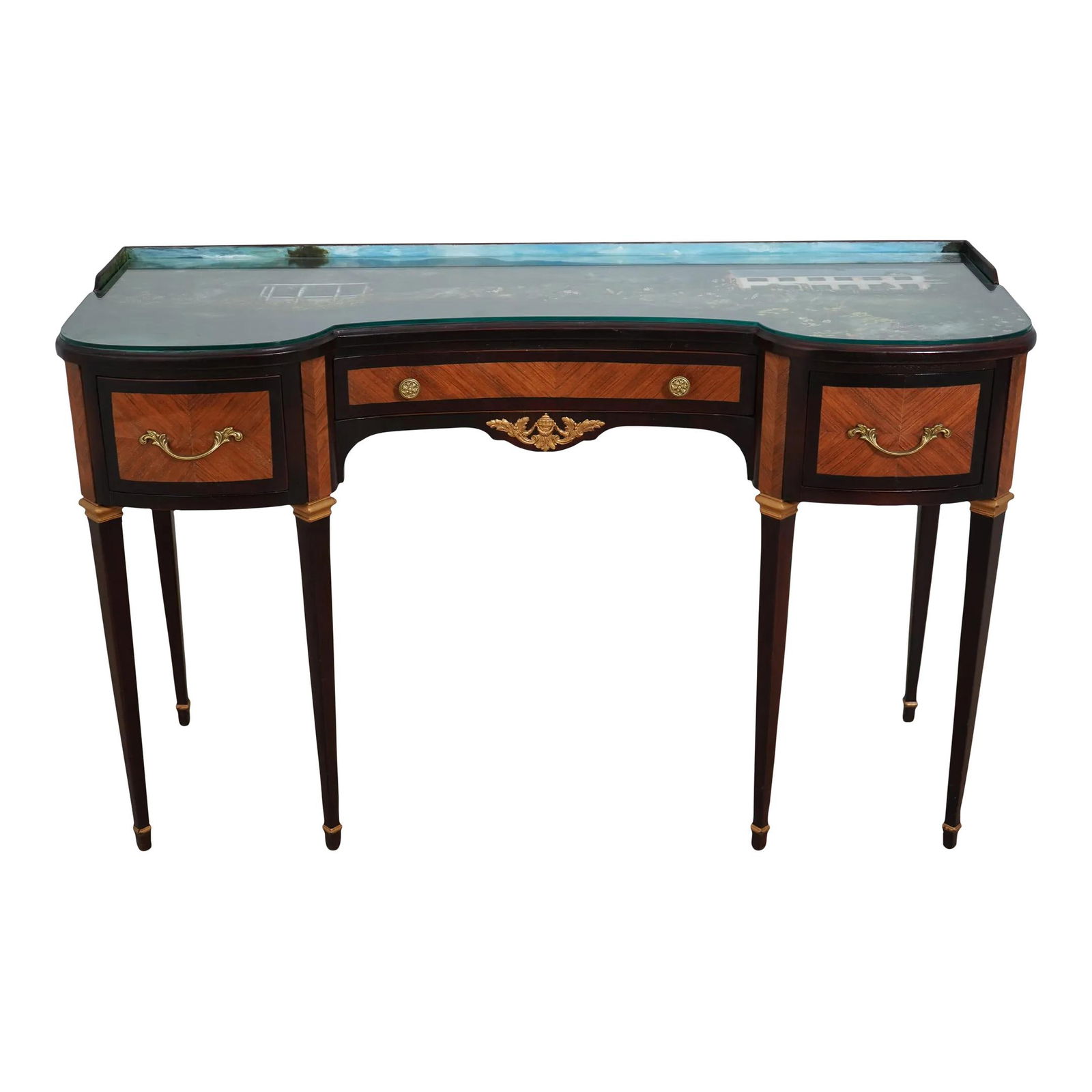 Elegant 1930s French Louis XV Hand Painted Vanity: Elegant 1930s French Louis XV Hand Painted Vanity This exquisite Vintage French Louis XV Vanity, dating back to the 1930s, showcases elegant dovetailed drawer construction and solid brass hardware. It