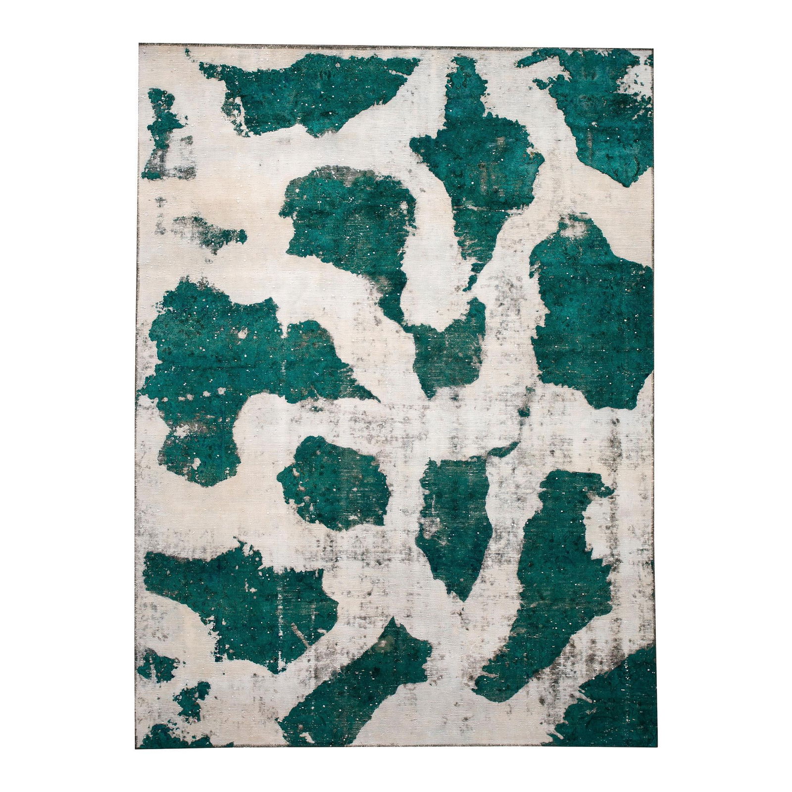 Hand-Knotted Vintage Green Wool Rug 7' x 9'5' Abstract Design: Hand-Knotted Vintage Green Wool Rug 7' x 9'5' Abstract Design This stunning vintage wool rug showcases a beautiful hand-knotted design with a vibrant green field and white accents. The distressed fini