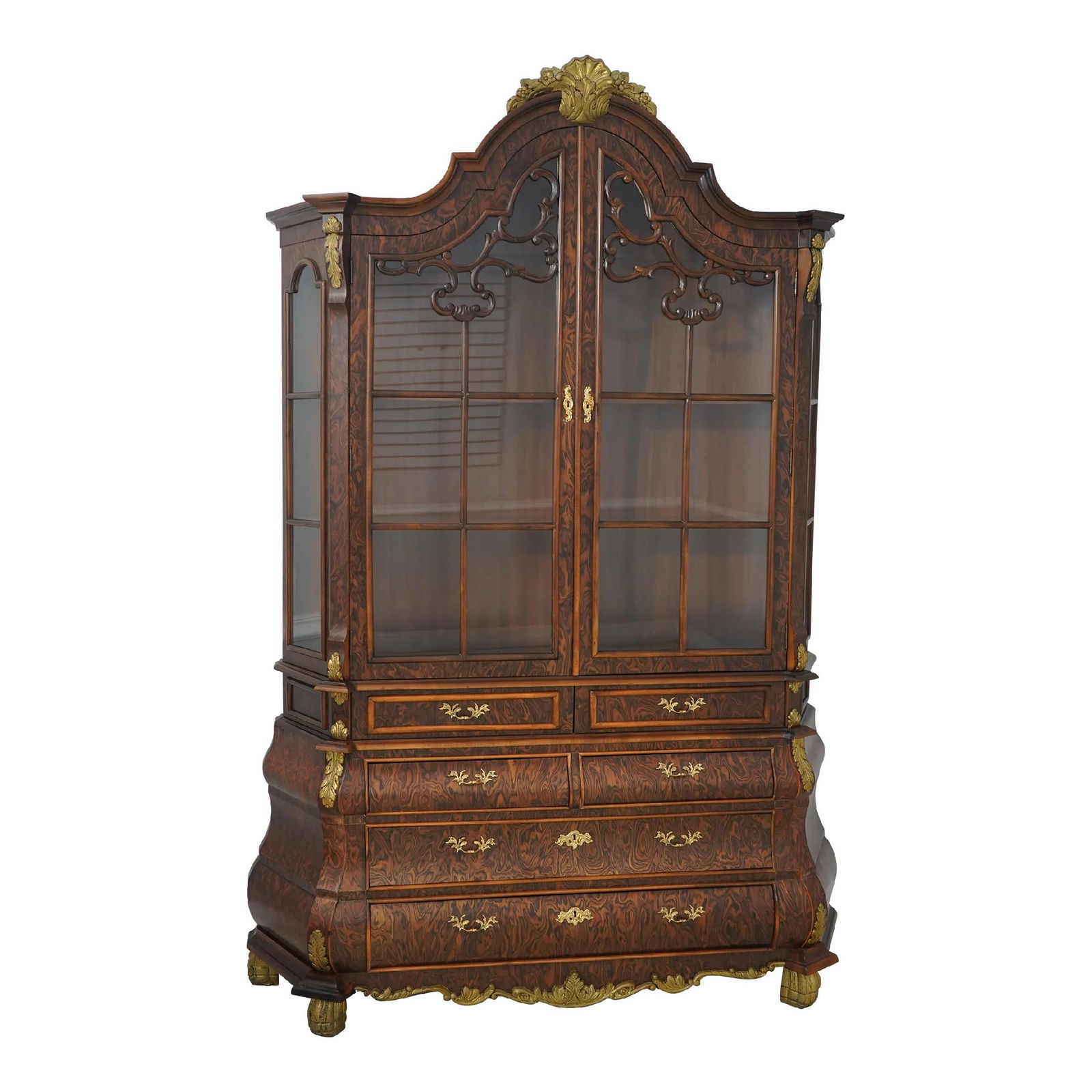 Stylish Dutch Faux Burl Walnut China Cabinet with Brass Hardware (1 of 10)
