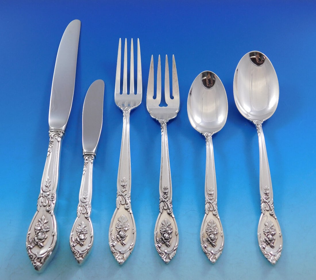 Lunt Rose Elegance Sterling Silver Flatware Set 51 Pieces for 8: Lunt Rose Elegance Sterling Silver Flatware Set 51 Pieces for 8 Experience the timeless elegance of the Rose Elegance flatware set by Lunt, crafted from premium sterling silver. This exquisite collect