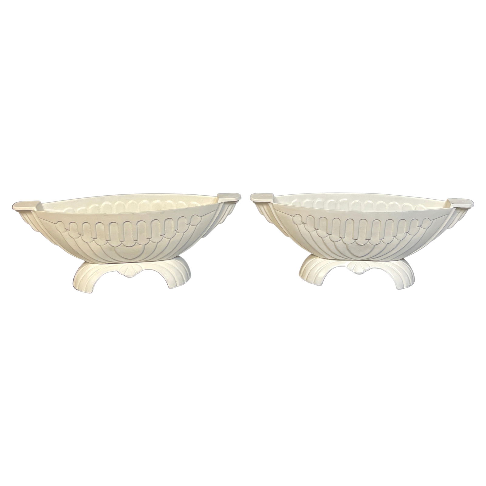 Set of 2 Art Deco Oval Garden Urns Aluminum 1930s: Set of 2 Art Deco Oval Garden Urns Aluminum 1930s Enhance your garden or patio with this stunning pair of Art Deco channeled and arch design oval garden urns. Each urn is crafted from durable cast alu