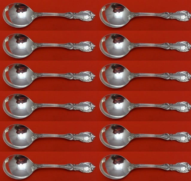 Reed & Barton Burgundy Sterling Silver Cream Soup Spoon Set 12 pcs: Reed & Barton Burgundy Sterling Silver Cream Soup Spoon Set 12 pcs This exquisite 12-piece set of cream soup spoons, crafted from sterling silver, features the elegant Burgundy pattern by Reed & Barto