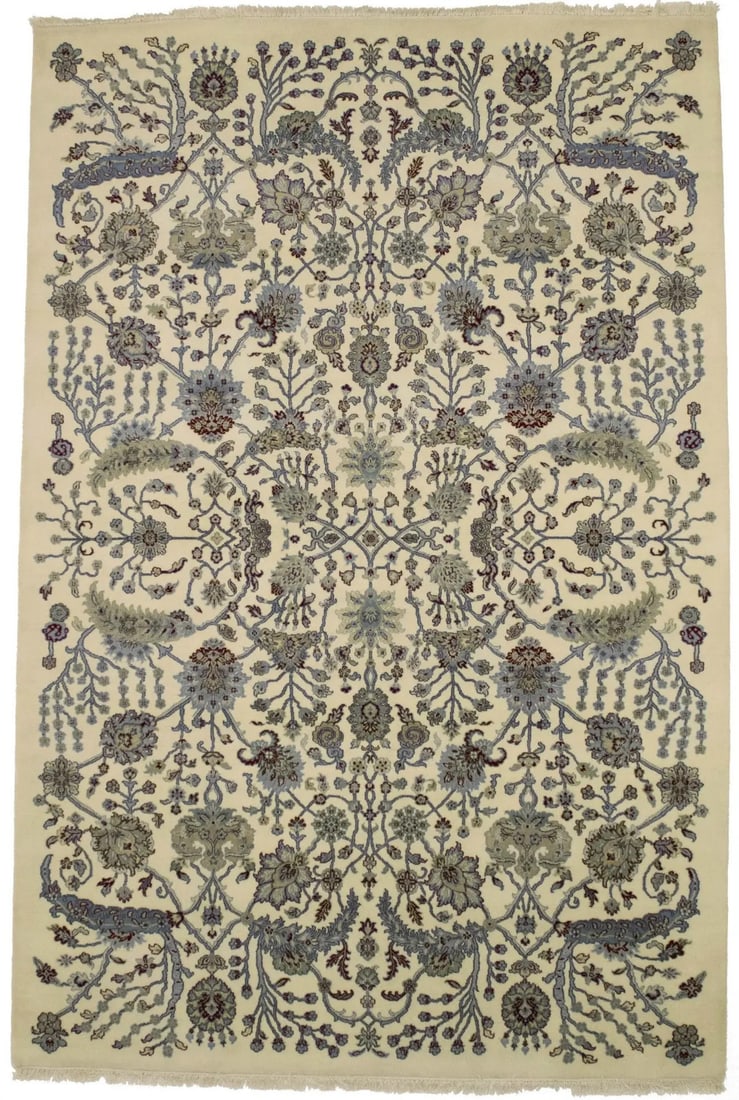 Hand-Knotted Wool Area Rug Floral Pattern 6'7 x 9'10 Cream Blue Red: Hand-Knotted Wool Area Rug Floral Pattern 6'7 x 9'10 Cream Blue Red This extra-fine handmade Oriental area rug features a classic floral design in a modern rectangular shape. Expertly hand-knotted fro