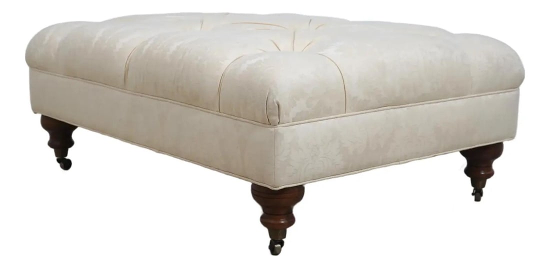 Ethan Allen Off White Tufted Damask Ottoman with Brass Feet: Ethan Allen Off White Tufted Damask Ottoman with Brass Feet Elevate your living space with this elegant Ethan Allen Off White Tufted Damask Ottoman. Crafted around 1998, this piece features quality co