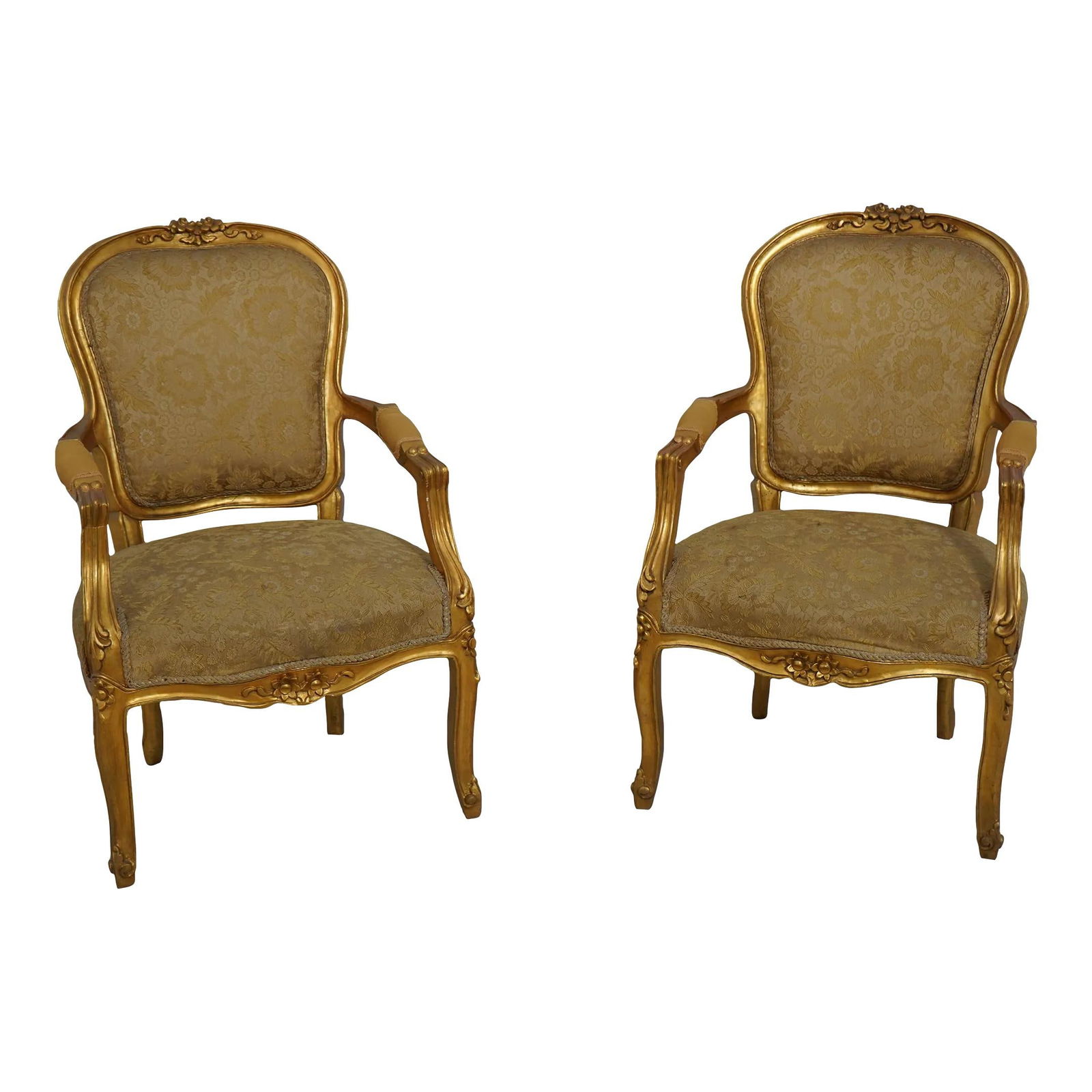 Elegant Pair of Vintage Gold Finish French Open Armchairs: Elegant Pair of Vintage Gold Finish French Open Armchairs This exquisite pair of gold finish French open armchairs showcases fine carved details and quality construction, reflecting approximately 60 y