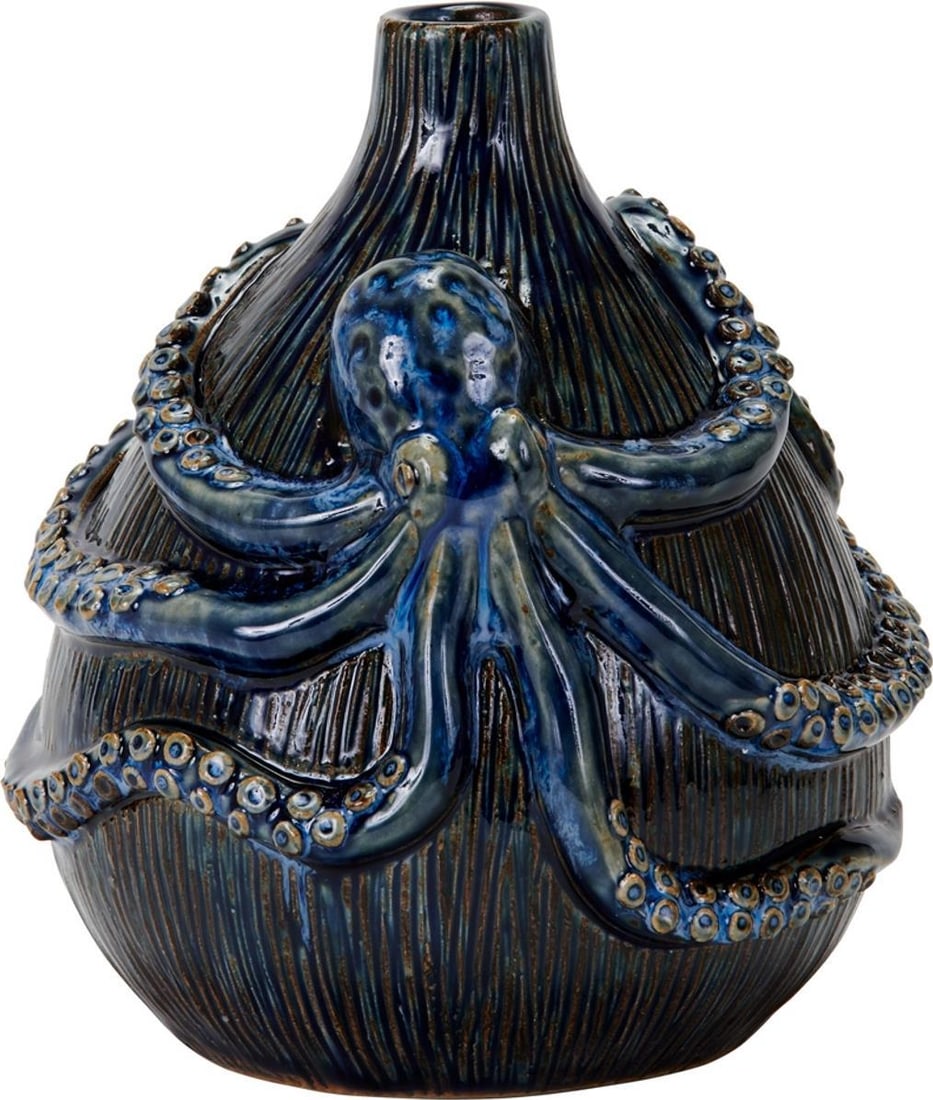 Handmade Nautical Blue Octopus Vase 9.5H 8.5W 8.5D: Handmade Nautical Blue Octopus Vase 9.5H 8.5W 8.5D Discover the charm of this unique Nautical Blue Octopus Vase, a stunning addition to any home decor. Measuring 9.50 inches in height and 8.50 inches