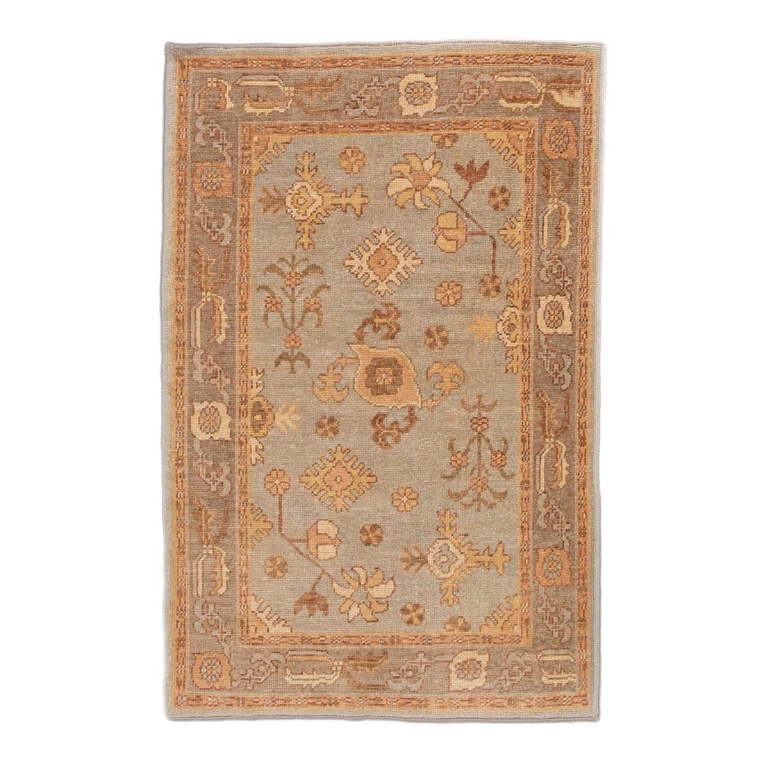 Turkish Oushak Gray Floral Wool Rug 4'2 x 6'5 Handmade: Turkish Oushak Gray Floral Wool Rug 4'2 x 6'5 Handmade This stunning modern Turkish Oushak rug features a hand-knotted construction with a soft gray field, beautifully accentuated by beige, brown, and