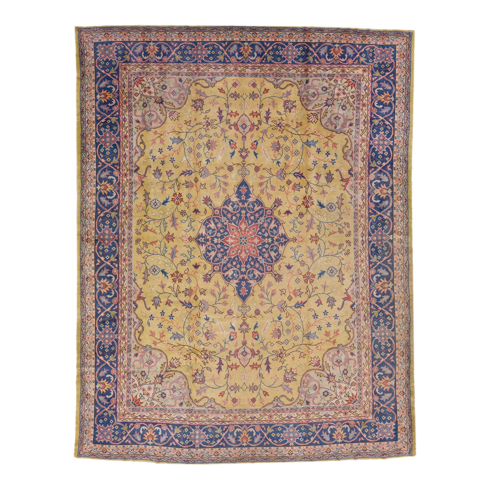 Antique Turkish Oushak Handmade Wool Rug 11'6 x 14'10 Yellow Medallion Design: Antique Turkish Oushak Handmade Wool Rug 11'6 x 14'10 Yellow Medallion Design This exquisite early 21st-century Turkish Oushak rug showcases a stunning yellow field, beautifully hand-knotted from high