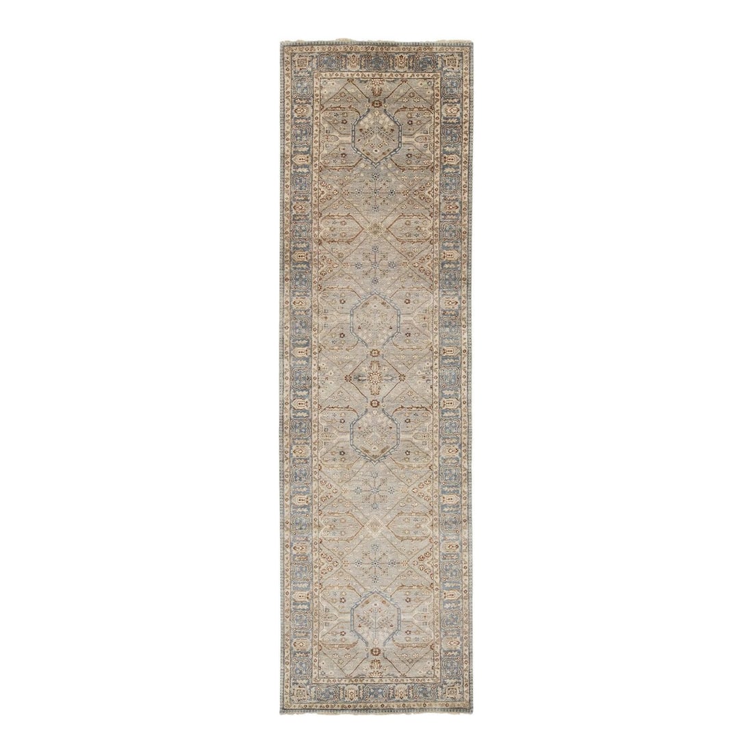 Artisan Handmade Gray Wool Runner Rug 4' x 13'11": Artisan Handmade Gray Wool Runner Rug 4' x 13'11" This Modern Indian Handmade Geometric Wool Runner features a stunning all-over floral design, elegantly blending light gray and beige tones to enhance