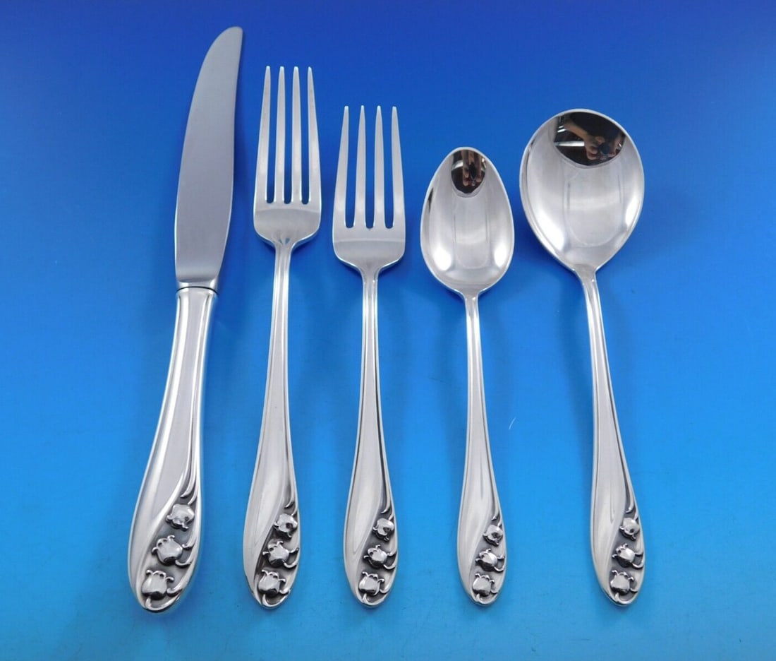 Gorham Lily of the Valley Sterling Silver Flatware Set 52 Pieces with Storage Chest: Gorham Lily of the Valley Sterling Silver Flatware Set 52 Pieces with Storage Chest Elevate your dining experience with the exquisite Lily of the Valley Sterling Silver Flatware Set by Gorham. This st