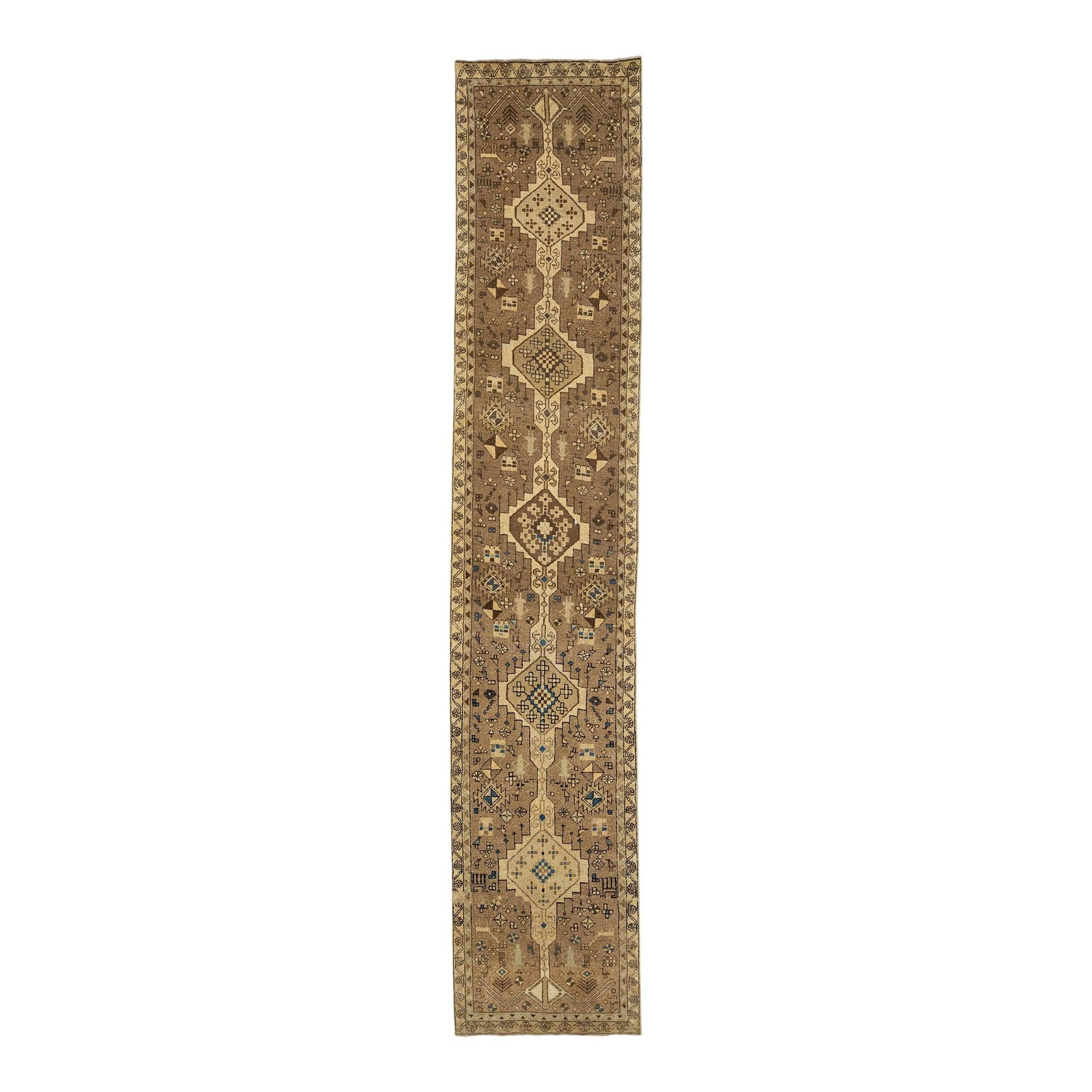 Brown Vintage Persian Wool Runner 2'11 x 15'2 Tribal Design: Brown Vintage Persian Wool Runner 2'11 x 15'2 Tribal Design Enhance your space with this exquisite vintage Persian wool runner, showcasing a rich brown field adorned with beautiful beige and blue trib