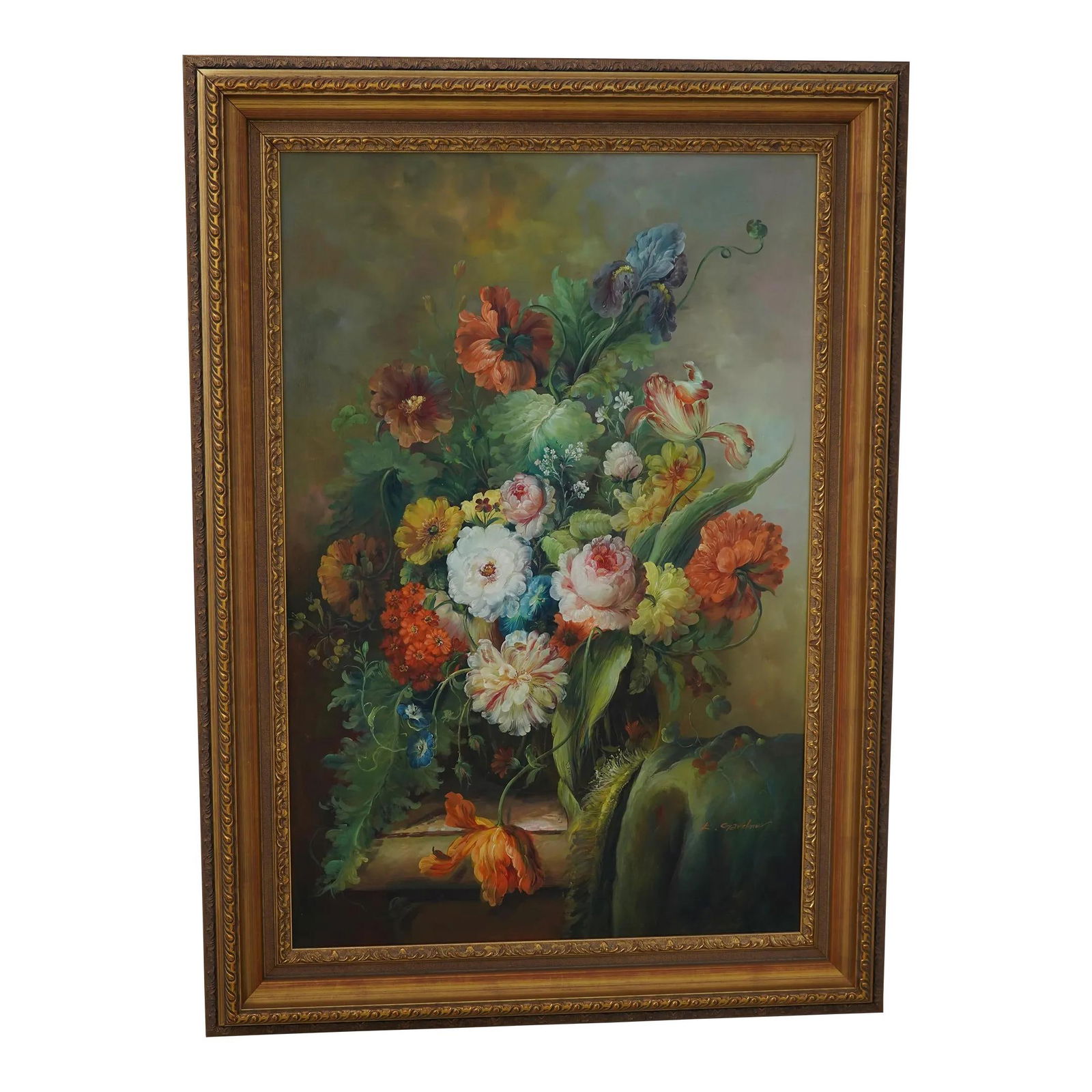Artist Signed Floral Still Life Oil Painting in Gold Frame: Artist Signed Floral Still Life Oil Painting in Gold Frame This exquisite framed oil painting on canvas features a vibrant floral still life, showcasing high-quality construction and attention to deta