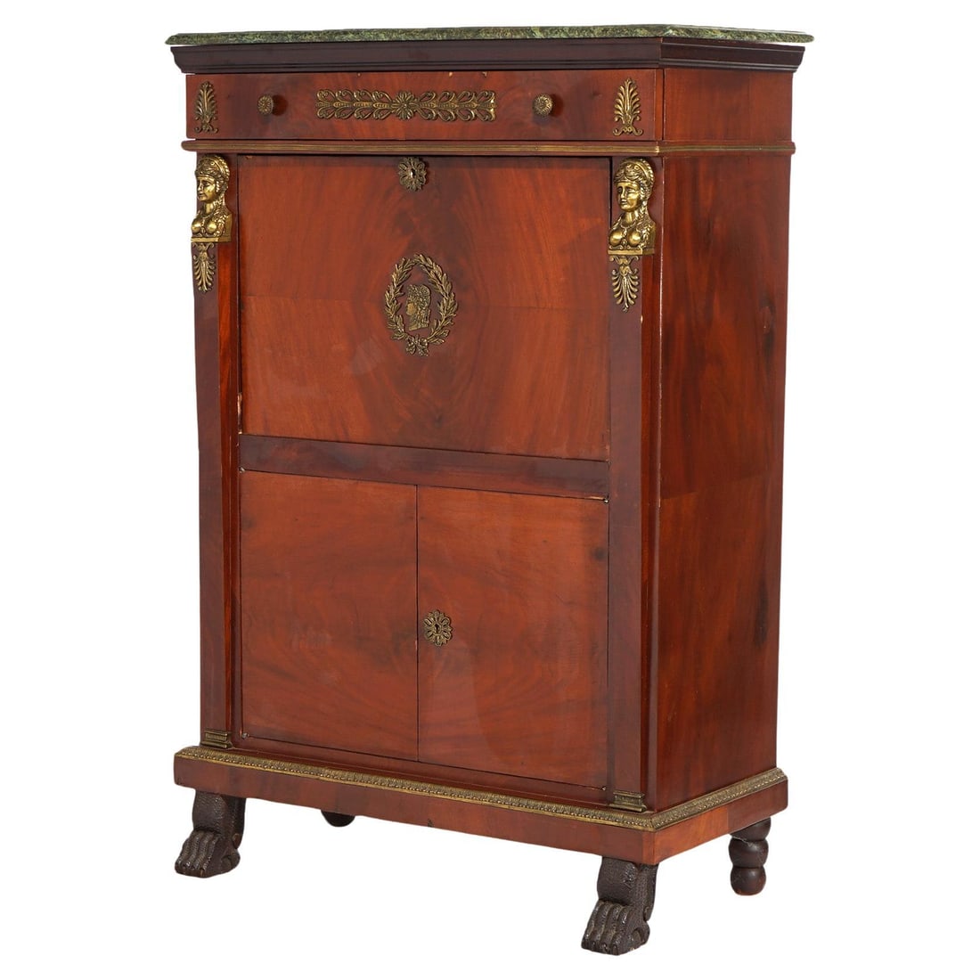 19th Century French Empire Flame Mahogany Abattant with Ormolu Mounts: 19th Century French Empire Flame Mahogany Abattant with Ormolu Mounts This exquisite Antique French Empire Abattant, crafted in the 19th century, showcases a stunning flame mahogany construction. The